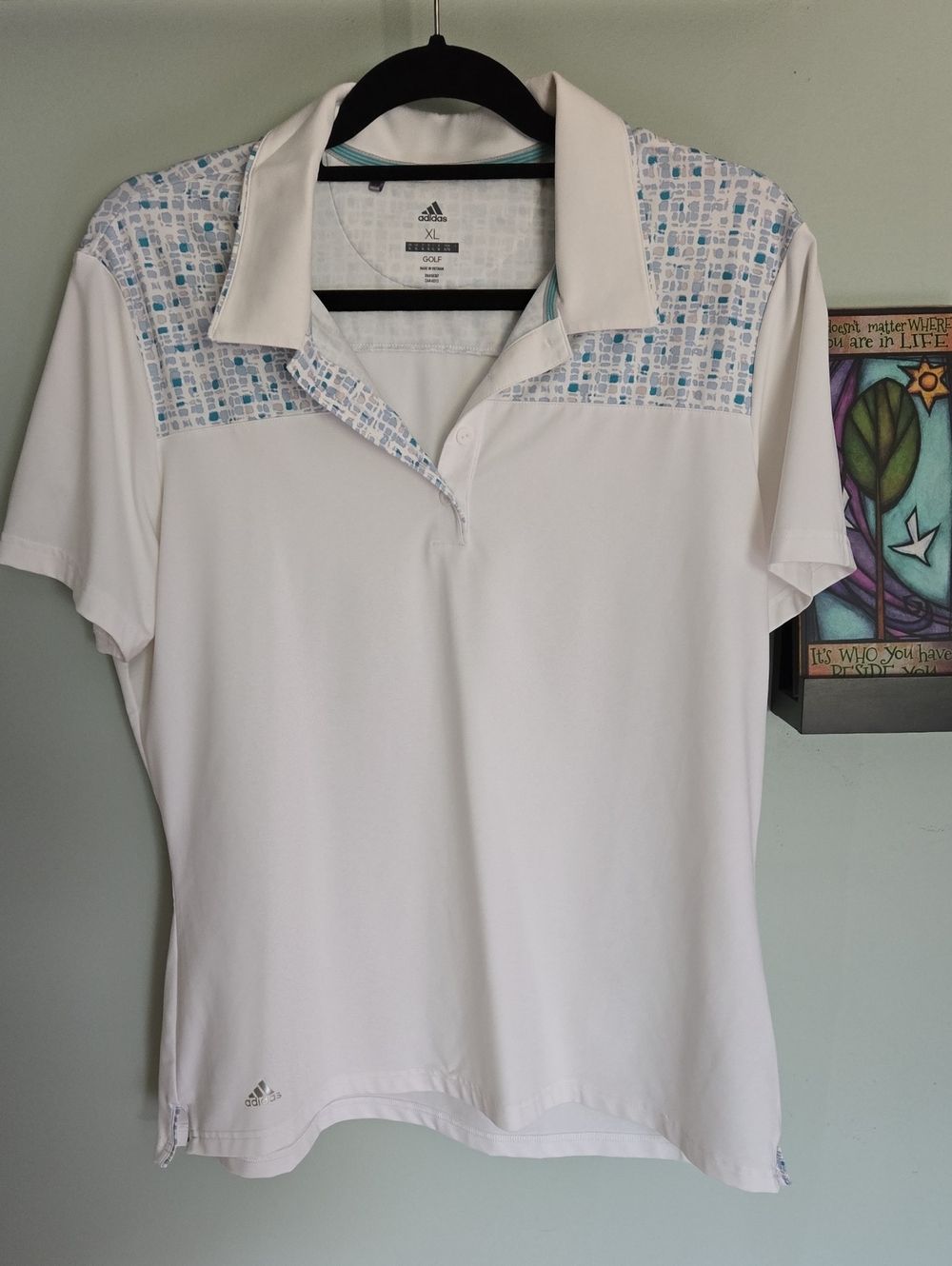 Adidas Women's White Golf Polo with Blue Mosaic Accents XL